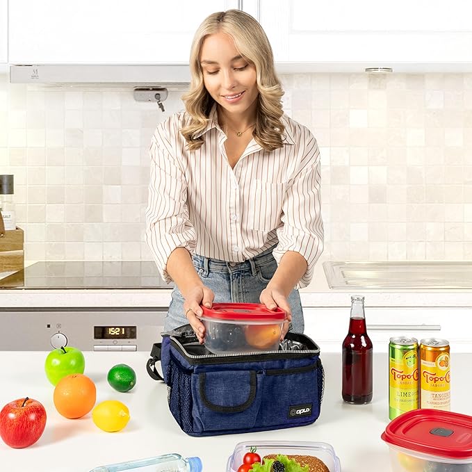 OPUX Lunch Box for Men, Adult Lunch Box Cooler, Insulated Lunch Bag Women, Dual Compartment Lunchbox for Work, Leakproof Double Decker Lunch Bag, Soft Lunch Pail Tote Boys Girls Kids School, Navy Blue