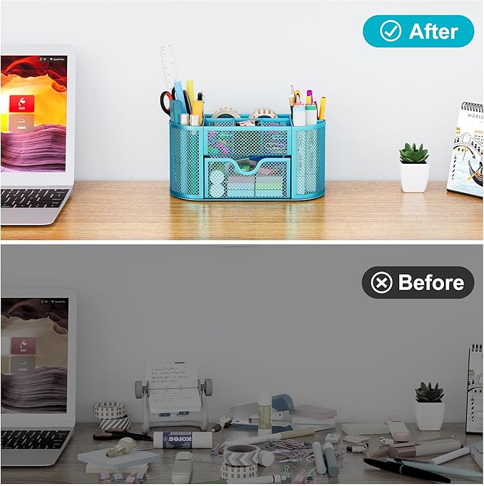 EasyPAG Mesh Pen Holder Desk Organizer with Drawer Stationery Supplies Organizer for Dorm School 9 Compartments Workspace Desk Accessories Organization for Office, Blue