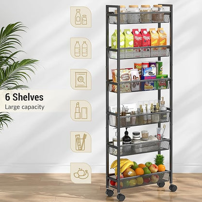 6 Tier Slim Storage Cart, Narrow Cart with Wheels, Metal Mobile Shelving Unit Organizer for Kitchen, Bathroom, Laundry Room, Living Room & Narrow Spaces, Black, 6in(W)