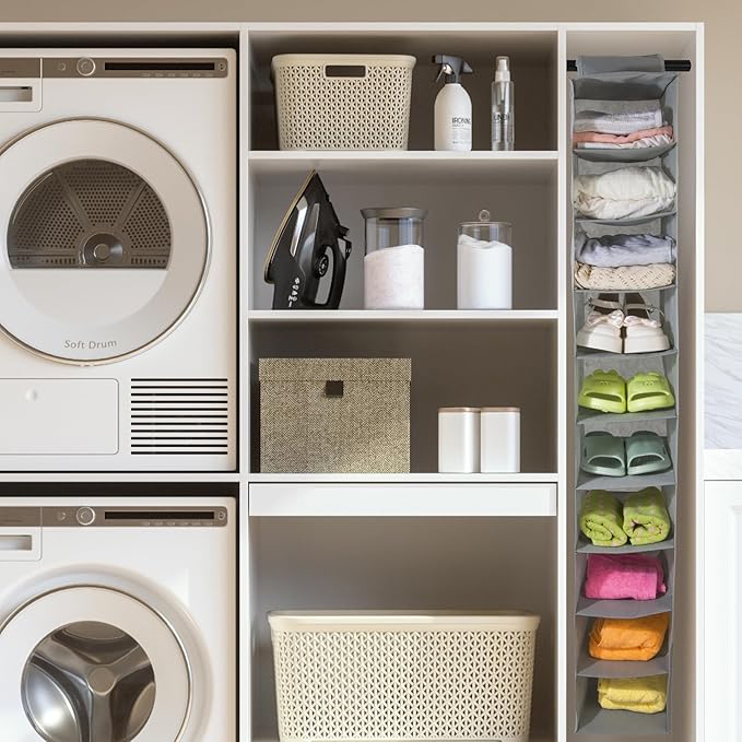 Boxy Concepts 10-Shelf Hanging Hat Organizer for Baseball Caps - Grey Contemporary Fabric - Space-Saving Baseball Cap Organizer & Closet Storage - Wall-Mount Hat Rack & Shoe Rack