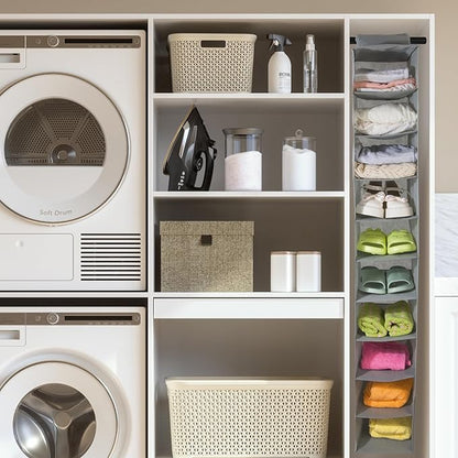 Boxy Concepts 10-Shelf Hanging Hat Organizer for Baseball Caps - Grey Contemporary Fabric - Space-Saving Baseball Cap Organizer & Closet Storage - Wall-Mount Hat Rack & Shoe Rack