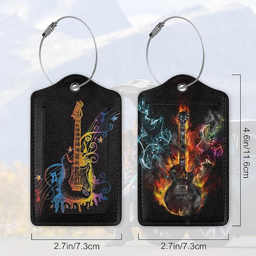 2 Pack Luggage Tags with Colorful Guitar for Suitcases, Burning Electric Guitar PU Leather Luggage Tag Accessories Privacy Cover ID Label with Stainless Steel Loop for Travel Bag for Women Girls