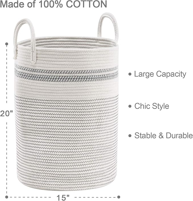 YOUDENOVA Woven Rope Laundry Hamper Basket, 58L Tall Luandry Basket, Baby Nursery Hamper for Blanket Storage, Clothes Hamper for Laundry in Bedroom-Large-Stripe White