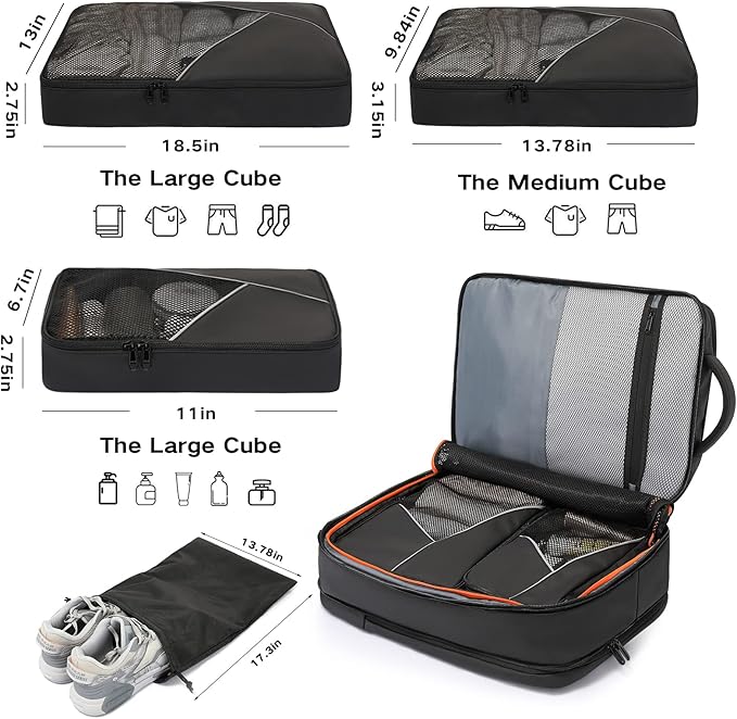 50L Carry on Travel Backpack, Expandable Airline Approved Backpacks with 3 Packing Cubes Fit 17.3 inch Laptop Suitcase backpack for Men Women(Black)