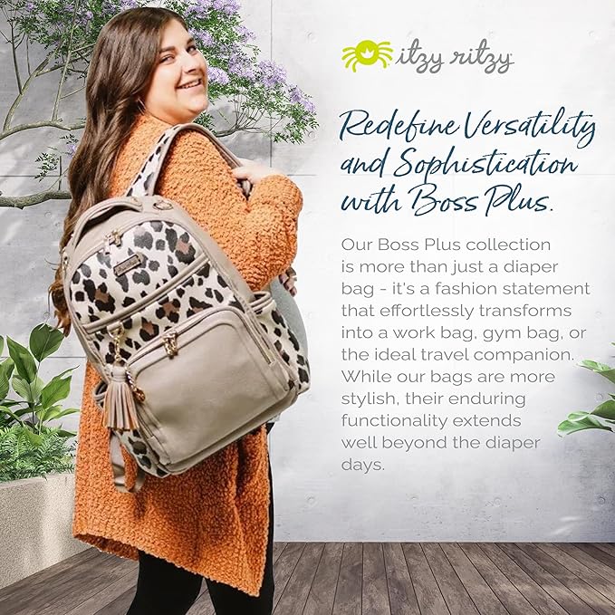 Itzy Ritzy Diaper Bag Backpack – Large Capacity Boss Plus Baby Backpack Diaper Bag Featuring 19 Pockets, Changing Pad, Stroller Clips, and Comfortable Straps (Leopard)