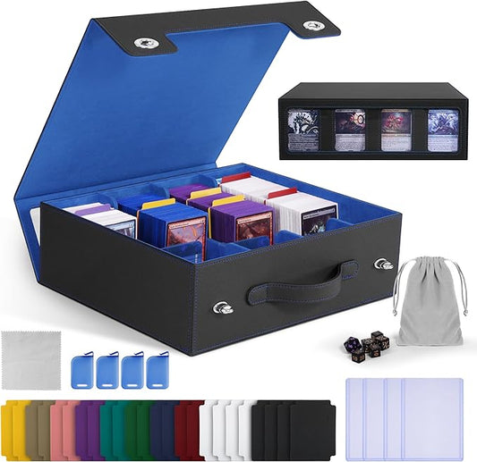 Trading Card Storage Box with Portable Handle, 3000+ MTG Storage Box with 4 Card Stoppers Commander Display Deck Box Card Case Top Loaders MTG TCG Sports Cards Commander Deck Box(Black&Blue)