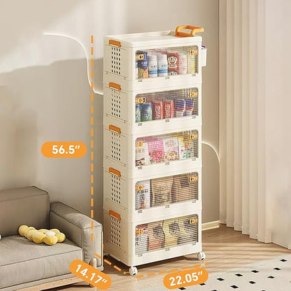 58 QT Stackable Storage Bins with Lids, Rolling Storage Cart with Clear Doors, 5 Tier Storage Utility Cart Drawer, Foldable Storage Cabinet Containers for Home, Office, Kitchen, Bedroom, White
