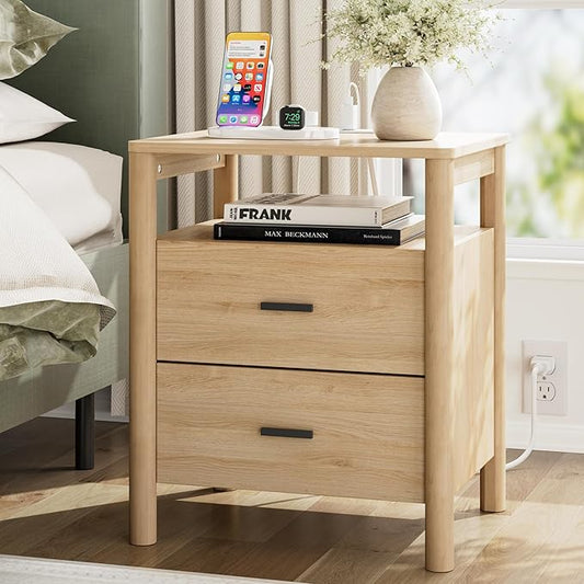 Night Stand with Charging Station, 20" Large Modern Side Table with Solid Round Post Legs, 2 Drawers End Table with Open Shelf, Nightstand with Storage for Bedroom, Natural Oak