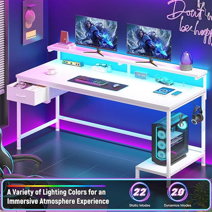 Computer Desk with Ergonomic Monitor Stand & CPU Stand,47.2" Gaming Desk with 1 Drawer & Power Outlet & LED Lights for Home Work, Bedroom Study and Gaming, Small Spaces,White