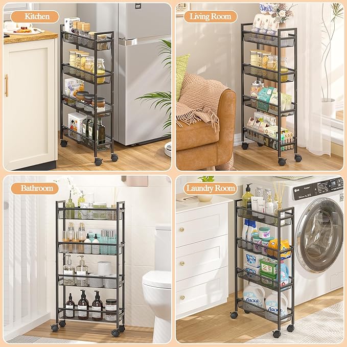 Slim Storage Rolling Cart, 4 Tier Narrow Cart with Wheels, Metal Kitchen Carts for Small Spaces, Slide Out Storage Shelves Mobile Shelving Unit for Kitchen, Laundry Room, Bathroom, Living Room, 6in(W)