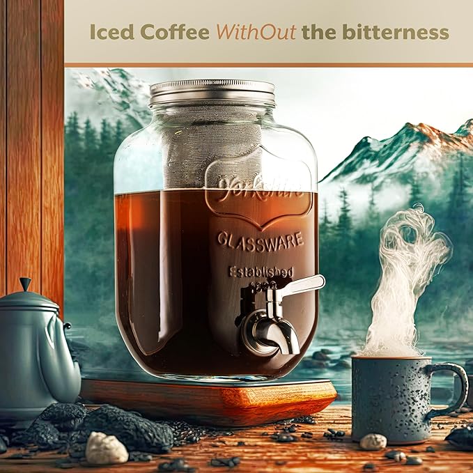 1 Gallon Cold Brew Coffee Maker - 3rd Generation Fine Mesh Filter - Stainless Steel Spigot - Extra Thick Large Glass Mason Jar Drink Dispenser Carafe, Iced Coffee Maker & Sun Tea Pitcher with Infuser.