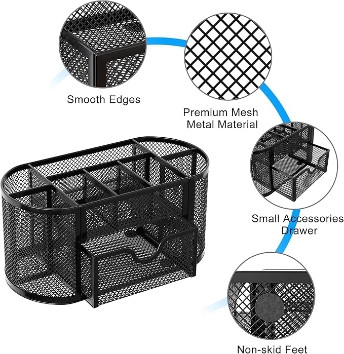 EasyPAG Mesh Pen Holder Desk Organizer with Drawer Stationery Supplies Organizer for Dorm School 9 Compartments Workspace Desk Accessories Organization for Office, Black