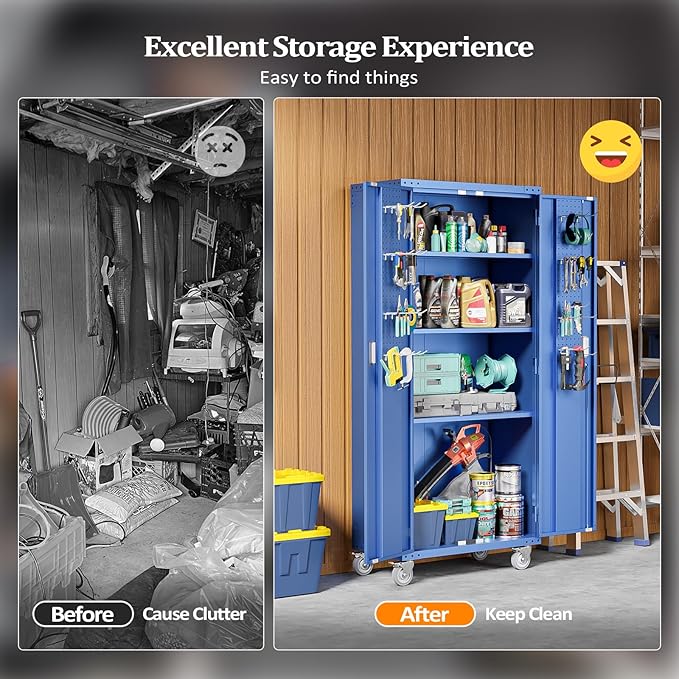 VINGLI 72'' Tall Metal Garage Storage Cabinet with Pegboards, Wheels, Locking Doors and Adjustable Shelves, File Cabinet/Tool Cabinet for Home Office/School (Blue, 32W x 16D x 72H)