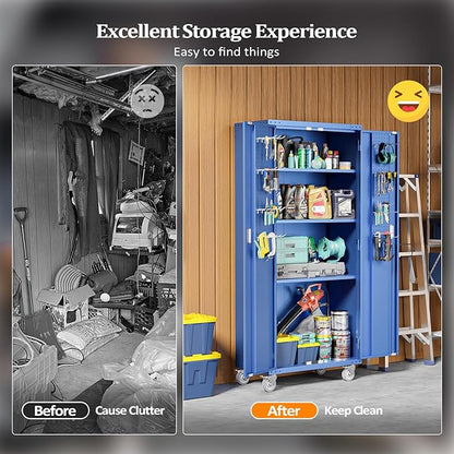 VINGLI 72'' Tall Metal Garage Storage Cabinet with Pegboards, Wheels, Locking Doors and Adjustable Shelves, File Cabinet/Tool Cabinet for Home Office/School (Blue, 32W x 16D x 72H)