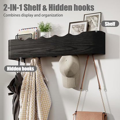 Coat Rack Wall Mount with Shelf 4 Hidden Hooks Modern Wooden Key Holder Entryway Organizer for Hallway Bedroom Bathroom Home Decor Storage for Hanging Coats Hats Bags Towels, Wave-Shape Black