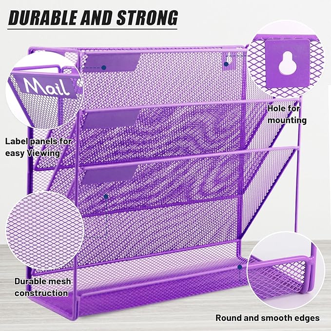 EASEPRES Desk File Organizer Mesh 4-Tier, Hanging Wall Mount Document Organization Stand, Desktop Vertical Mail Paper Folder Holder Rack with Bottom Tray for Office Home Cubicle Countertop, Purple