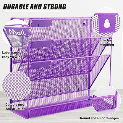 EASEPRES Desk File Organizer Mesh 4-Tier, Hanging Wall Mount Document Organization Stand, Desktop Vertical Mail Paper Folder Holder Rack with Bottom Tray for Office Home Cubicle Countertop, Purple