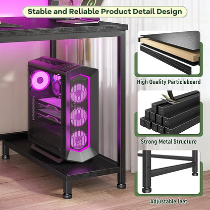 39.3" Gaming Desk with Power Outlet and LED Lights,Computer Desk with Adjutable Monitor Stand and Drawer,Office Desk with CPU Stand for Home Work,Study and Gaming, Small Spaces,Black