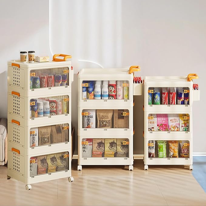 58 QT Stackable Storage Bins with Lids, Rolling Storage Cart with Clear Doors, Utility Storage Organizer Cart Drawer, Plastic Cabinet Storage Containers for Home, Office, Kitchen, Bedroom, White