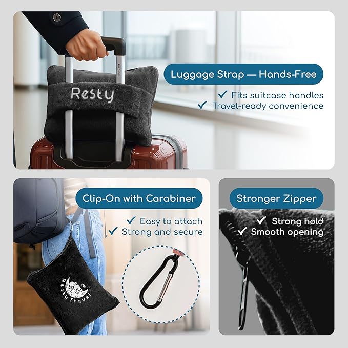 Resty 65"x40" Traveling Airplane Blanket, Onyx Black – Lightweight, Velvety Soft Blanket That Becomes a Travel Pillow – Must-Have Comfort for Planes & Road Trips – Travel Essentials for Women & Men