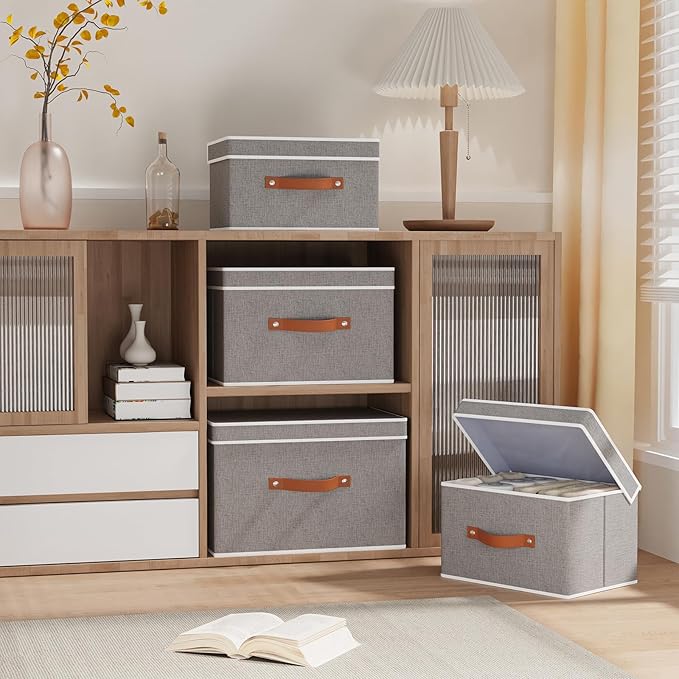 Collapsible Storage Bins with Lids, 5 Pack Linen Foldable Cloth Baskets, 15 x 9.8 x 9.8 Inch Closet Organizer Containers with Double Handles, Sweater Boxes for Bedroom, Grey