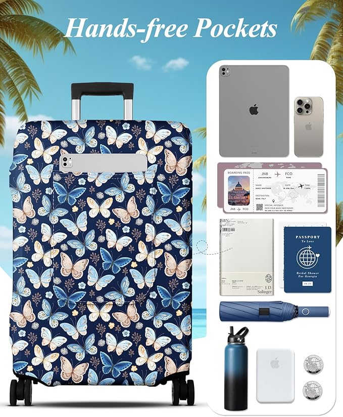 Slohif Luggage Cover for Suitcase Tsa Approved Protector - Luggage Sleeve Large Suit Case Cover Travel Stretch Baggage Case Protective Washable Fit 21-23 Inch Blue Butterfly S