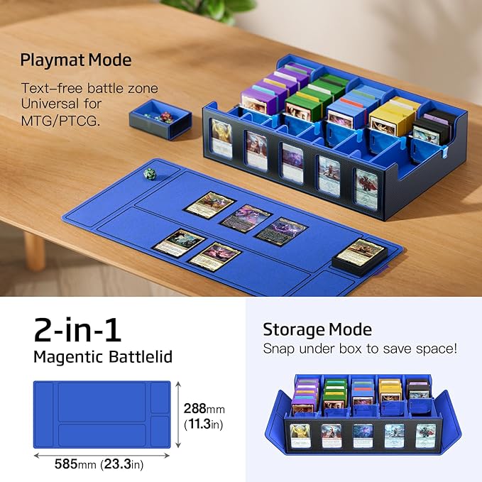 Trading Card Storage Box 5-Row 3900+ Capacity,TCG MTG Card Case with Magnetic Lid & Commander Display,Top Loader Storage for Sports Cards,Includes Dividers Dice Box（Black＆Blue）