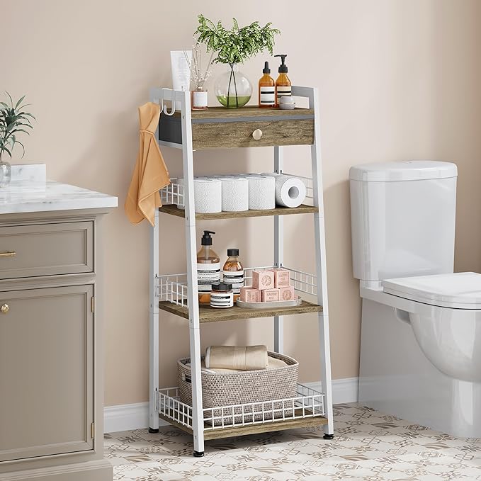 4-Tier Ladder Shelf with Drawer, Bathroom Stand Floor Storage Shelf, Freestanding Tower Table Ladder-White.