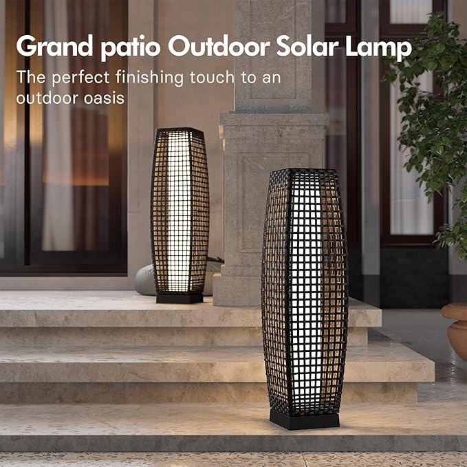 Grand patio Outdoor Floor Lamp Solar Powered Lantern Water-Resistant Wicker Deck Light for Garden or Porch -Large Fuji, Silver Gray