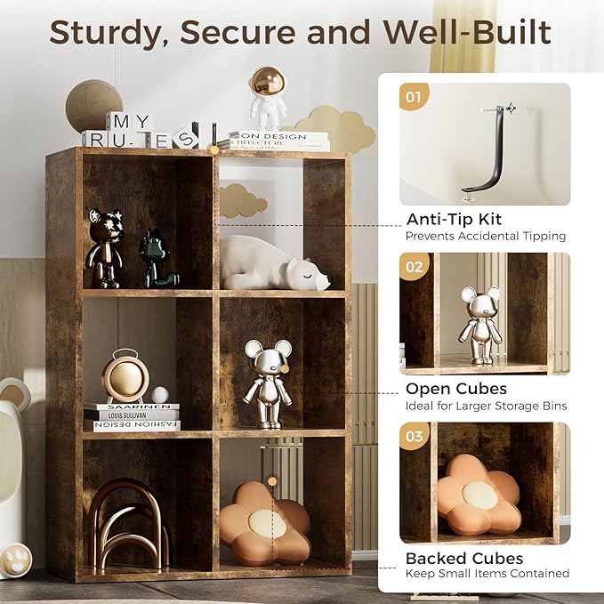 COMHOMA 6 Wood Cube Storage Organizer with Open Back and Removable Back Panels, 11In Brown Cube Storage Bookshelf, Cubicle Shelf Bookcase for Home Office Bedroom Living Room, Vertical or Horizontal