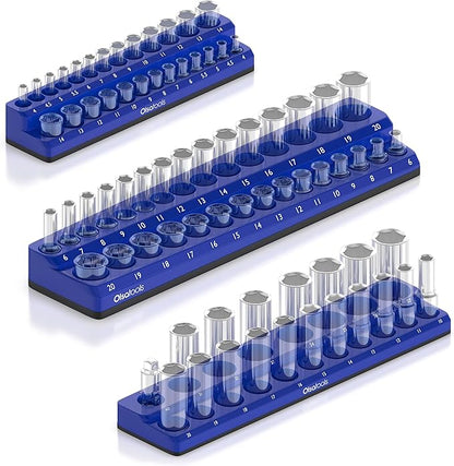 Olsa Tools Magnetic Socket Organizer | 3 Piece Socket Holder Kit | 1/2-Inch, 3/8-Inch, 1/4-Inch Drive | Metric Blue | Holds 75 Sockets | Professional-Grade