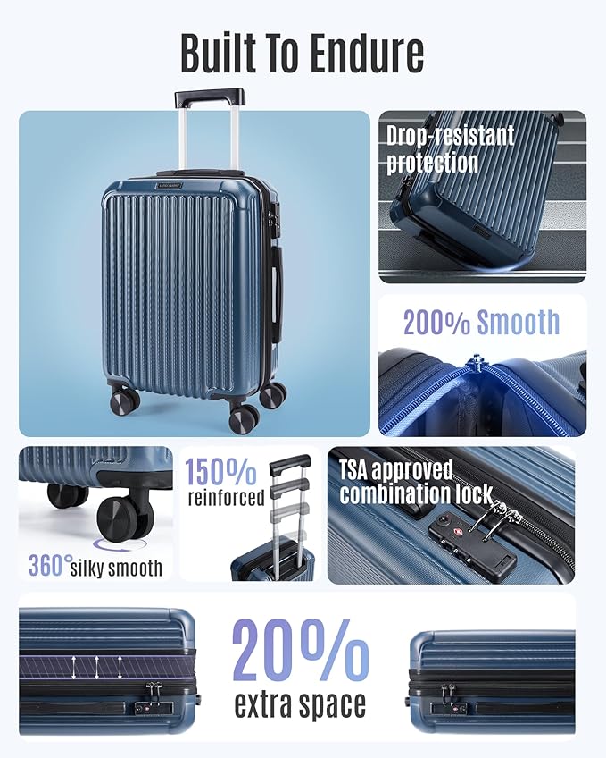 LIGHT FLIGHT Carry On Luggage 22x14x9 Airline Approved, Durable Hard Shell Carry On Suitcases with Wheels, Expandable Hardside Lightweight Travel Luggage with TSA Lock 20 Inch Carry on, Royal Blue