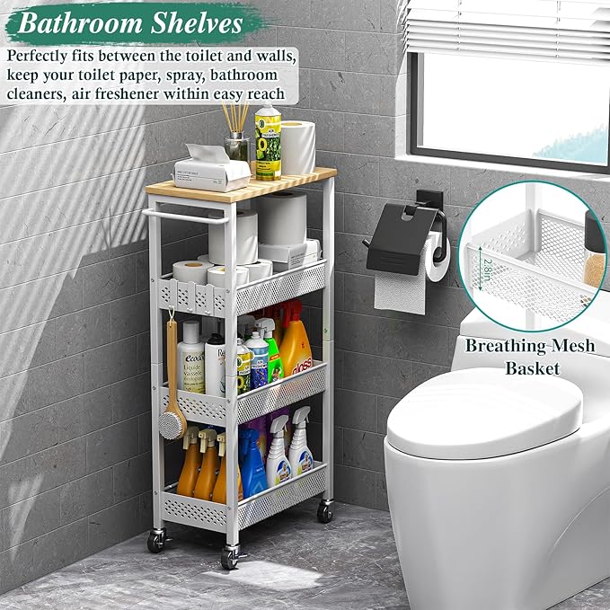 Utility Slim Storage Cart, 4-Tier Narrow Bathroom Organizers and Storage Cart, Narrow Metal Kitchen Laundry Room Organization Shelf with Wood Top, Slim Rolling Carts with Wheels for Small Space