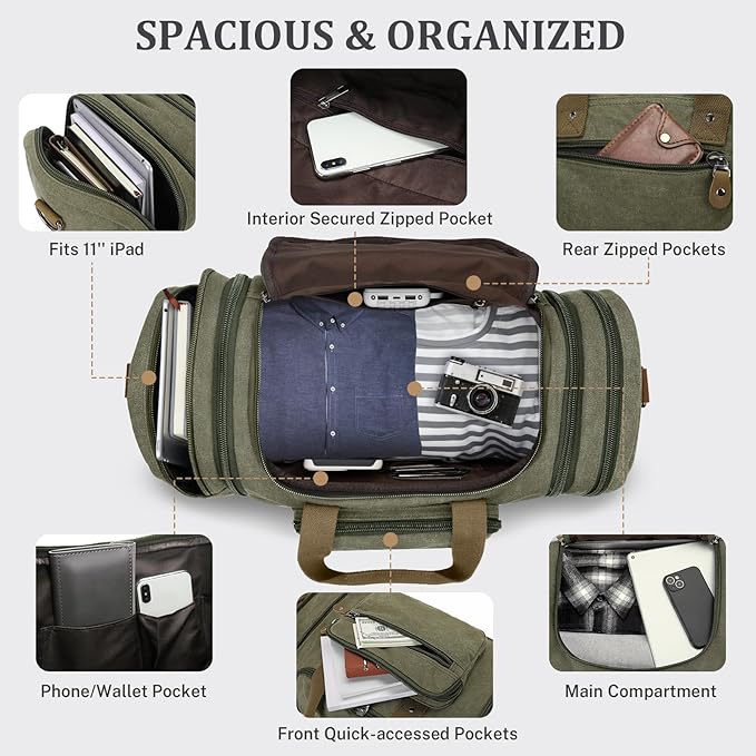 Gonex Canvas Duffle Bag for Travel 60L Duffel Overnight Weekender Bag (Army Green)