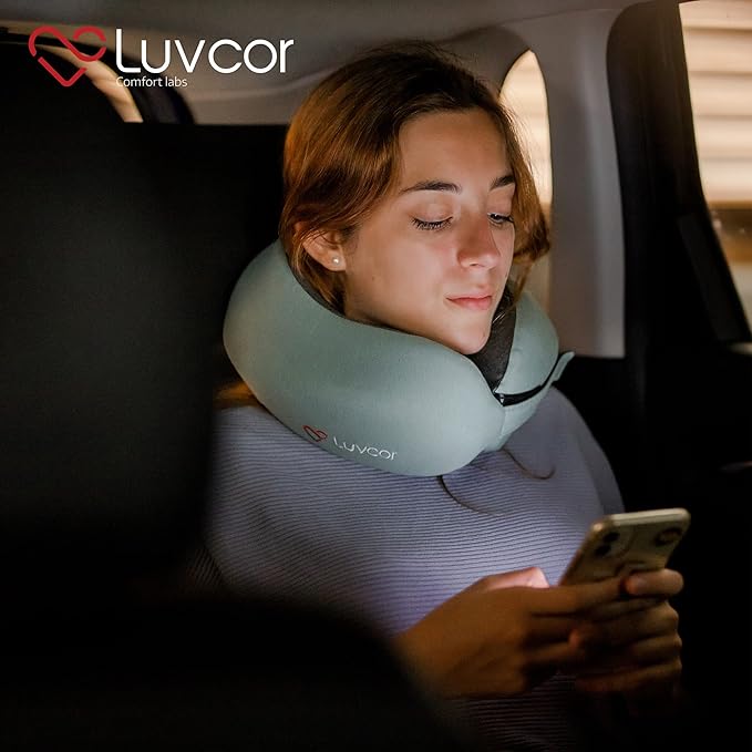 Premium Quality Memory Foam Travel Neck Pillow Bundle - Best Ergonomic Pillow for Airplane Travel, car Ride, Sleeping. Comes with Eye mask, earplugs and Storage Bag. (Imperial Green)