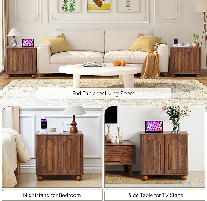 Bed Side Table with Charging Station, Mid Century Modern Nightstand with 2 Doors, Square End Table with Storage for Couch,Living Room,Small Spaces, Sofa Side Table for Office,Dorm - Walnut