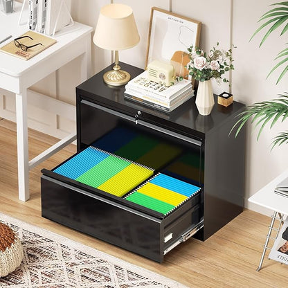 Bonusall Lateral File Cabinet with Lock, 2 Drawer Locking Lateral Filing Cabinet for Legal/Letter Size, Metal Horizontal File Organizer with Hanging Rack for Home Office, Heavy Duty, Black