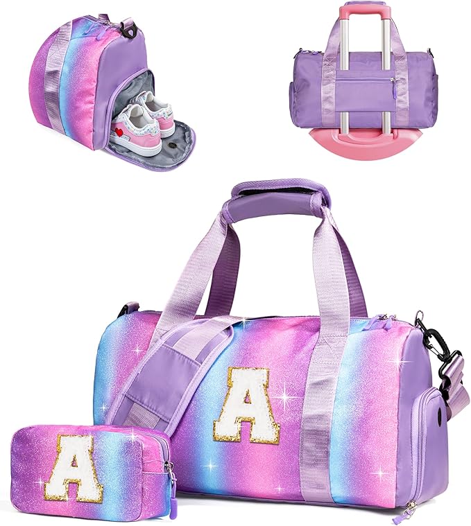 Gifts for 4 5 6 7 8 9 10 11 Year Old Girls-Girl Gym Bag with Shoe Compartment, Kid Personalized Weekender Bymnastic Bags, Initial Travel Tote with Makeup Pouch, Dance Bag Gift (Letter A)