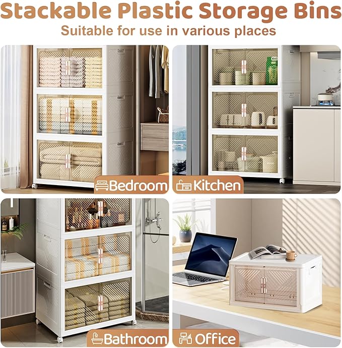 Storage Bins with Lid 76QT, Stackable Storage Containers with Wheels and Magnetic Doors, Plastic Clothes Closet Organizers and Storage Box for Home and Office (4 Pack)