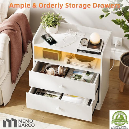 2 Pack Nightstand with Charging Station and LED Light, Modern Nightstand with USB Ports and Outlets, Wood Bedside Table with 2 Storage Drawers, Small Dresser for Bedroom Small Space, White