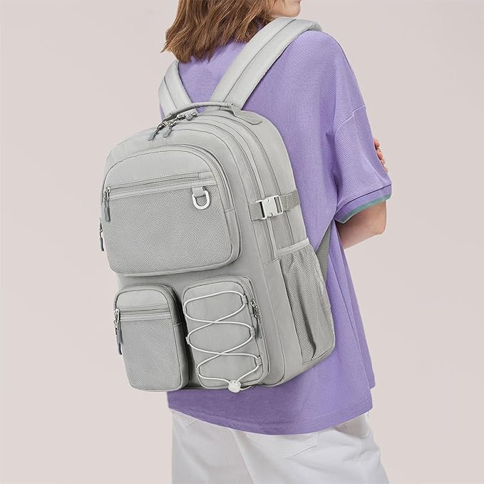 Lohol Water Resistant Daypack with Mulitiple Pockets for School Travel Outdoor College, 15.6 inch Laptop Backpack for Men and Women (Grey)
