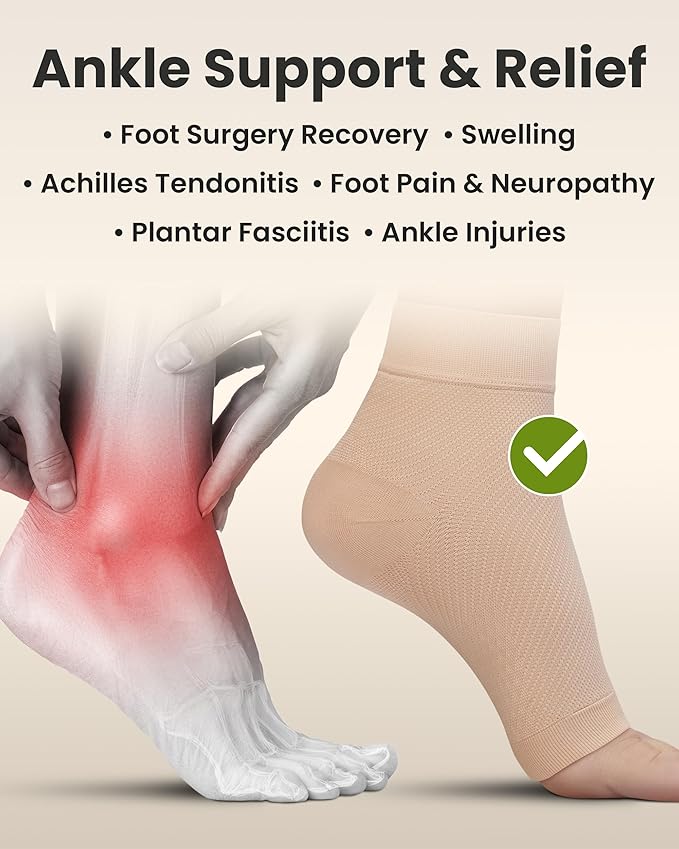 KEMFORD Ankle Compression Sleeve - Plantar Fasciitis Braces - Open Toe Compression Socks for Swelling, Sprain, Neuropathy, Foot Arch Support for Men and Women - 20-30mmhg, L, Beige