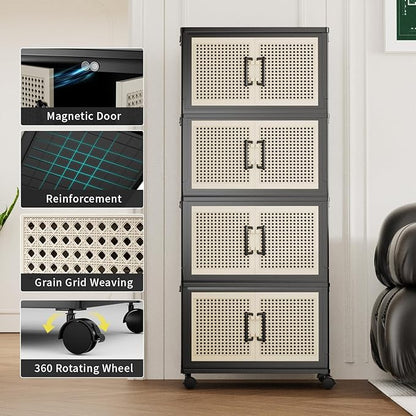 Stackable Storage Bins with Lids,Collapsible Plastic Storage Box Closet Organizers and Storage with Wheels and Magnetic Door for Home Office Dorm (4 Pack)