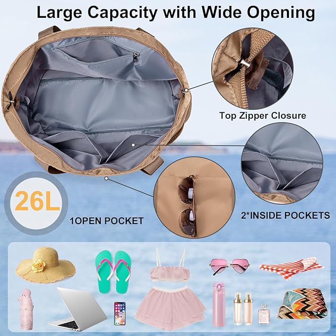 LEDAOU Beach Bags for Women, Beach Bags Waterproof Sandproof, Packable Beach Tote Bag with Zipper Travel Sports