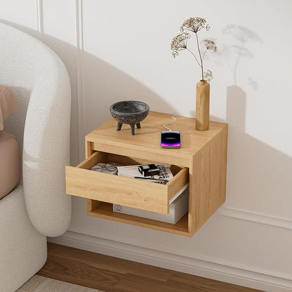 Mid Century Modern Floating Nightstand, Wall Mounted End Table with Drawer and Open Compartment Wooden Bedside Night Stand Small Storage Cabinet for Bedroom, Natural Oak