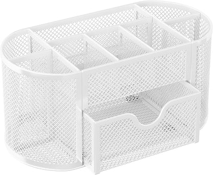 EasyPAG Mesh Pen Holder Desk Organizer with Drawer Stationery Supplies Organizer for Dorm School 9 Compartments Workspace Desk Accessories Organization for Office, White