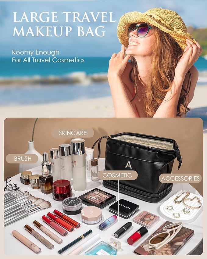 Birthday Gifts for Girls, Initial Large Makeup Bags, Personalized Double Layer Cosmetic Bag with Makeup Brush Organizer,Toiletry Bag, Gifts for Women Girlfriend Friends Female Mom Sister