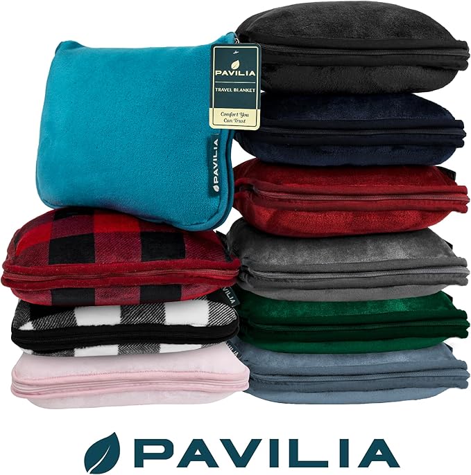 PAVILIA Travel Blanket Pillow, Soft Airplane Blanket 2-IN-1 Combo Set, Plane Blanket Compact Packable, Flight Essentials Car Pillow, Travelers Gifts Accessories Luggage Backpack Strap, 60x43 Navy Blue