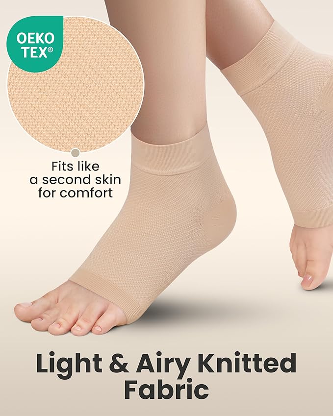 KEMFORD Ankle Compression Sleeve - Plantar Fasciitis Braces - Open Toe Compression Socks for Swelling, Sprain, Neuropathy, Foot Arch Support for Men and Women - 20-30mmhg, L, Beige