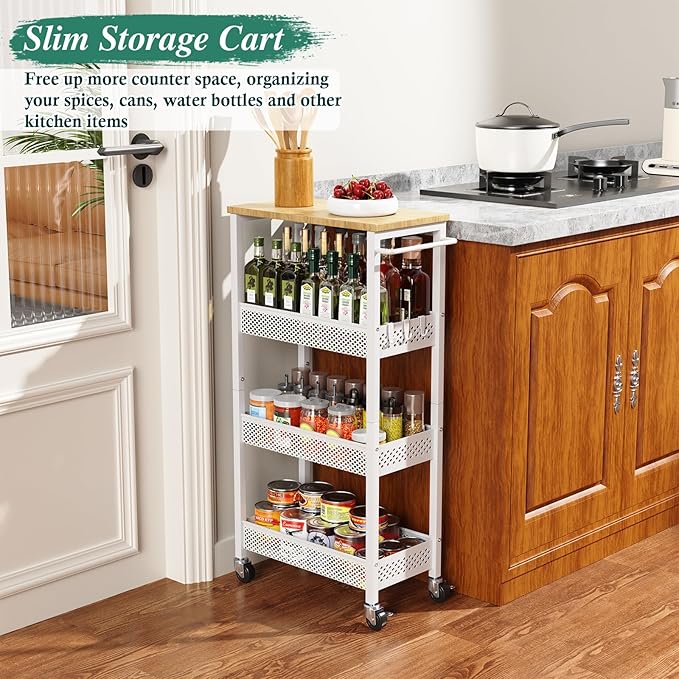 Utility Slim Storage Cart, 4-Tier Narrow Bathroom Organizers and Storage Cart, Narrow Metal Kitchen Laundry Room Organization Shelf with Wood Top, Slim Rolling Carts with Wheels for Small Space